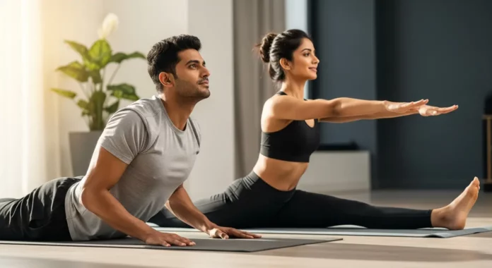 Indian man and woman doing yoga